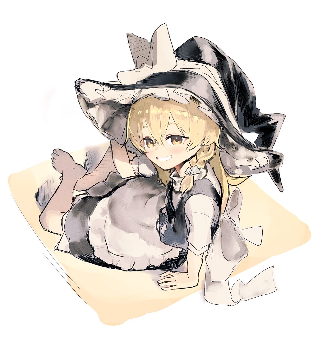 1girl apron barefoot bell blonde_hair blush bow braid frilled_hat frills grin hair_bell hair_ornament hand_on_headwear hat hat_bow kirisame_marisa long_hair looking_at_viewer orange_eyes short_sleeves side_braid simple_background smile solo touhou white_apron white_bow witch_hat yasushi