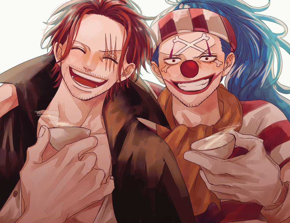 2boys black_coat blue_hair buggy_the_clown closed_eyes clown_nose coat commentary_request cup facepaint facial_hair gloves grin holding holding_cup looking_at_viewer makeup male_focus medium_hair multiple_boys nsgw one_piece open_mouth ponytail red_hair red_nose sakazuki scar scar_across_eye scar_on_face shanks_(one_piece) smile teeth white_gloves