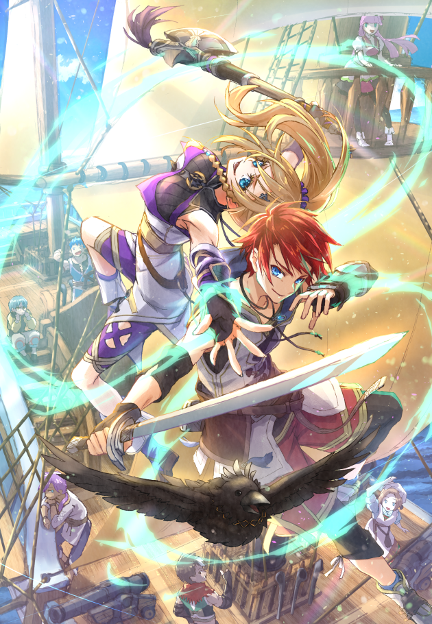 3girls 5boys adol_christin animal axe belt bird black_gloves blonde_hair blue_eyes blue_sky breasts brown_belt cannon commentary_request crow day dogi_(ys) fingerless_gloves funa_(33781408) gloves hair_ornament hair_scrunchie holding holding_axe holding_sword holding_weapon jewelry karja_balta long_hair looking_at_viewer medium_breasts multiple_boys multiple_girls necklace outdoors ponytail purple_scrunchie red_hair sailing_ship scrunchie ship sky smile sword watercraft weapon ys ys_x_nordics