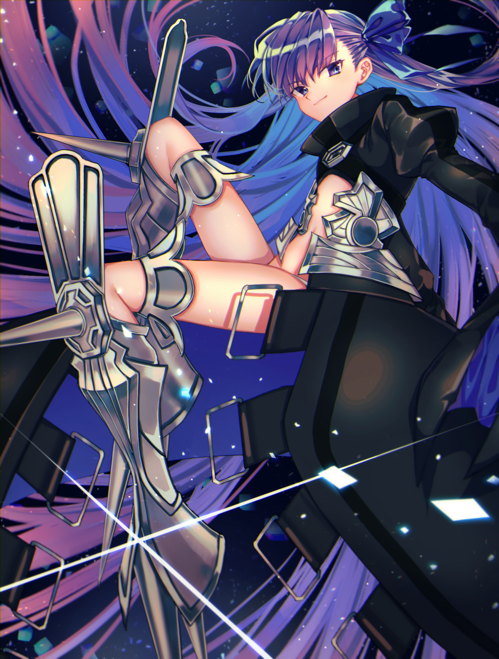 1girl black_jacket blue_eyes blue_ribbon closed_mouth cropped_jacket fate/extra fate/extra_ccc fate/grand_order fate_(series) gradient_hair hair_ribbon high_collar highres jacket juliet_sleeves knee_up light_blush light_particles long_hair long_sleeves looking_at_viewer meltryllis_(fate) multicolored_hair prosthesis prosthetic_leg puffy_sleeves purple_hair revealing_clothes ribbon sleeves_past_fingers sleeves_past_wrists smile solo spikes sunanogimo very_long_hair wide_sleeves