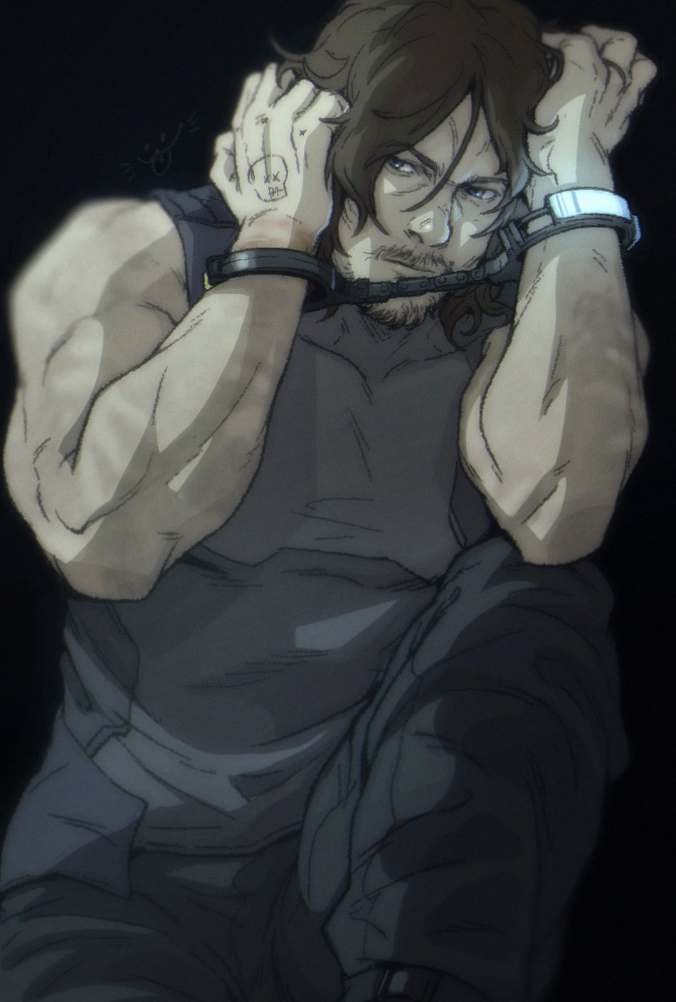 1boy black_background black_hair black_pants blue_eyes closed_mouth cuffs death_stranding facial_hair grey_tank_top hamms_hamss hand_tattoo handcuffs highres large_pectorals male_focus muscular muscular_male pants pectorals sam_porter_bridges short_hair simple_background solo tank_top tattoo