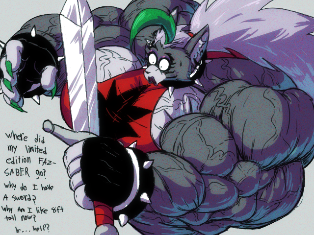 anthro big_muscles big_pecs bodily_fluids breasts canid canine canis claws clothing collar ear_piercing ear_ring female fingerless_gloves five_nights_at_freddy's five_nights_at_freddy's:_security_breach fur gloves green_hair grey_body grey_fur growth hair handwear huge_muscles huge_pecs hyper hyper_muscles mama_mj_(artist) mammal melee_weapon multicolored_body multicolored_fur muscle_growth muscular muscular_anthro muscular_arms muscular_female pecs piercing purple_eyes red_clothing ring_piercing roxanne_wolf_(fnaf) scottgames solo spiked_collar spikes steel_wool_studios sweat sword tight_clothing vein veiny_muscles weapon white_body white_fur wolf yellow_eyes