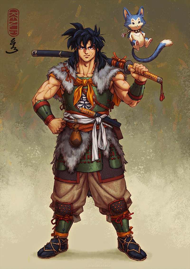 1boy alternate_costume animal armor artist_name baggy_pants beard_stubble bell black_eyes black_hair black_socks blue_fur cat closed_mouth collarbone cross_scar cuirass dragon_ball dragon_ball_(classic) facing_viewer floating full_body fur_shawl grey_fur guillem_dauden haidate hair_between_eyes hand_on_own_hip holding holding_sword holding_weapon japanese_armor japanese_clothes katana kote kusazuri long_hair looking_at_viewer loose_hair_strand male_focus muscular muscular_male neck_bell over_shoulder pants pants_tucked_in pouch puar samurai sandals sash scar scar_across_eye scar_on_arm scar_on_face shawl sheath sheathed short_sleeves short_sword simple_background socks spiked_hair suneate sword tabi tail tantou waraji weapon weapon_over_shoulder yamcha