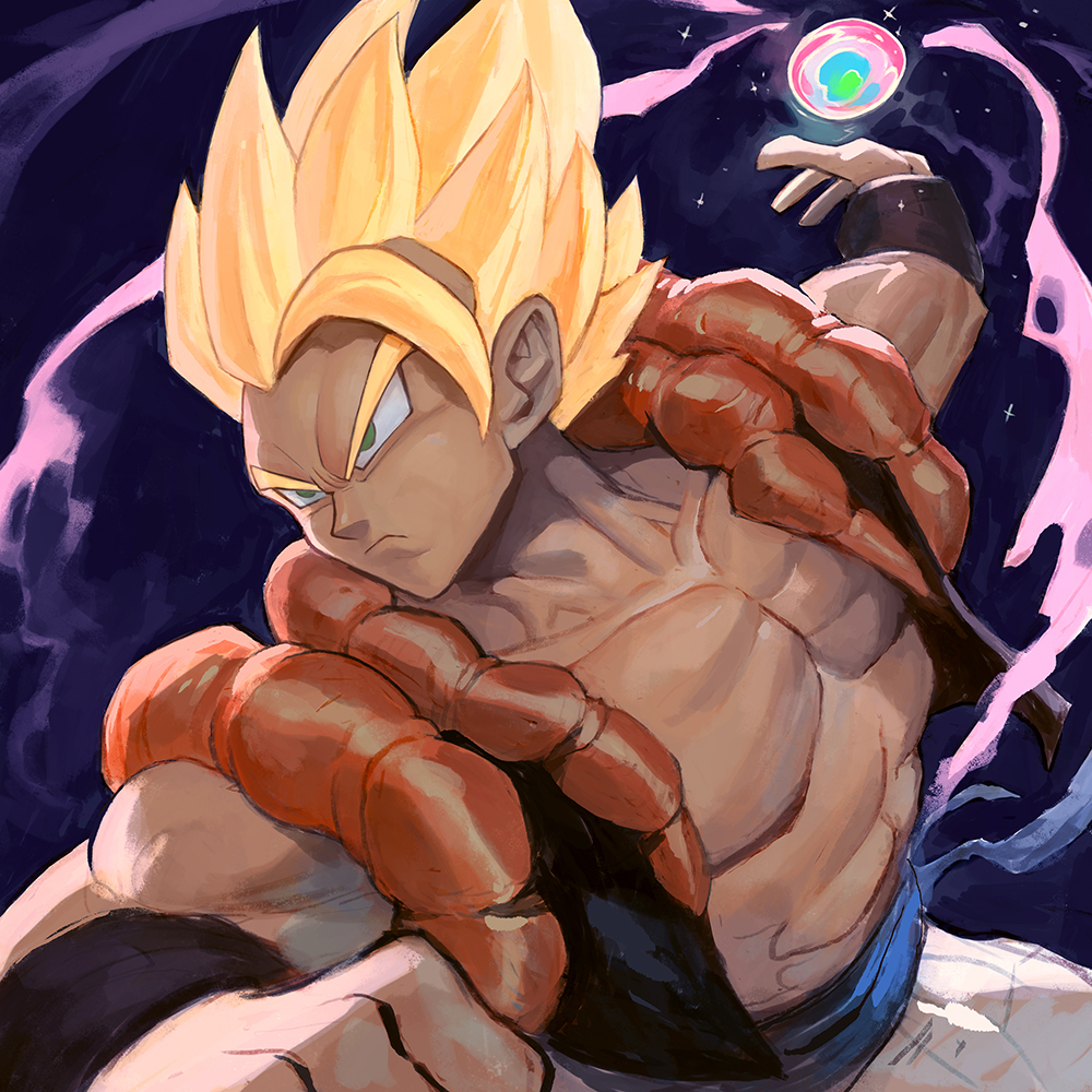 1boy abs arm_up aura blonde_hair clenched_hand closed_mouth collarbone dragon_ball dragon_ball_z energy_ball frown furrowed_brow garrett_hanna gogeta green_eyes male_focus metamoran_vest muscular muscular_male pants pectorals saiyan sash serious simple_background solo spiked_hair stardust_breaker super_saiyan super_saiyan_1 upper_body white_pants