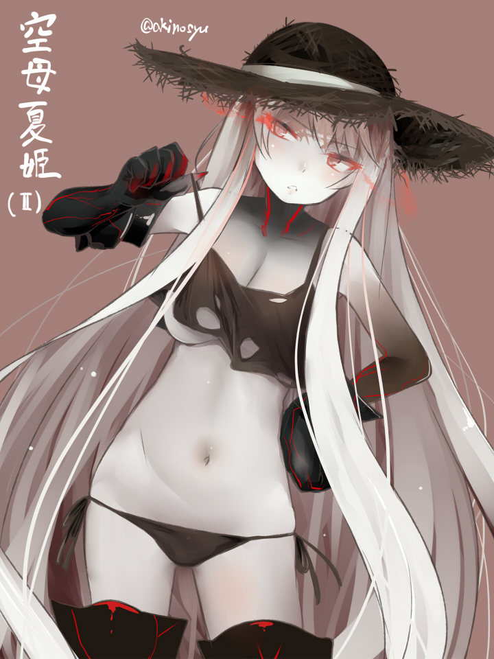 1girl abyssal_ship aircraft_carrier_summer_princess akino_shuu bare_shoulders bikini black_bikini black_gloves black_headwear breasts brown_background cleavage gloves hand_on_own_hip hat kantai_collection large_breasts navel pale_skin side-tie_bikini_bottom simple_background solo standing straw_hat swimsuit translation_request twitter_username