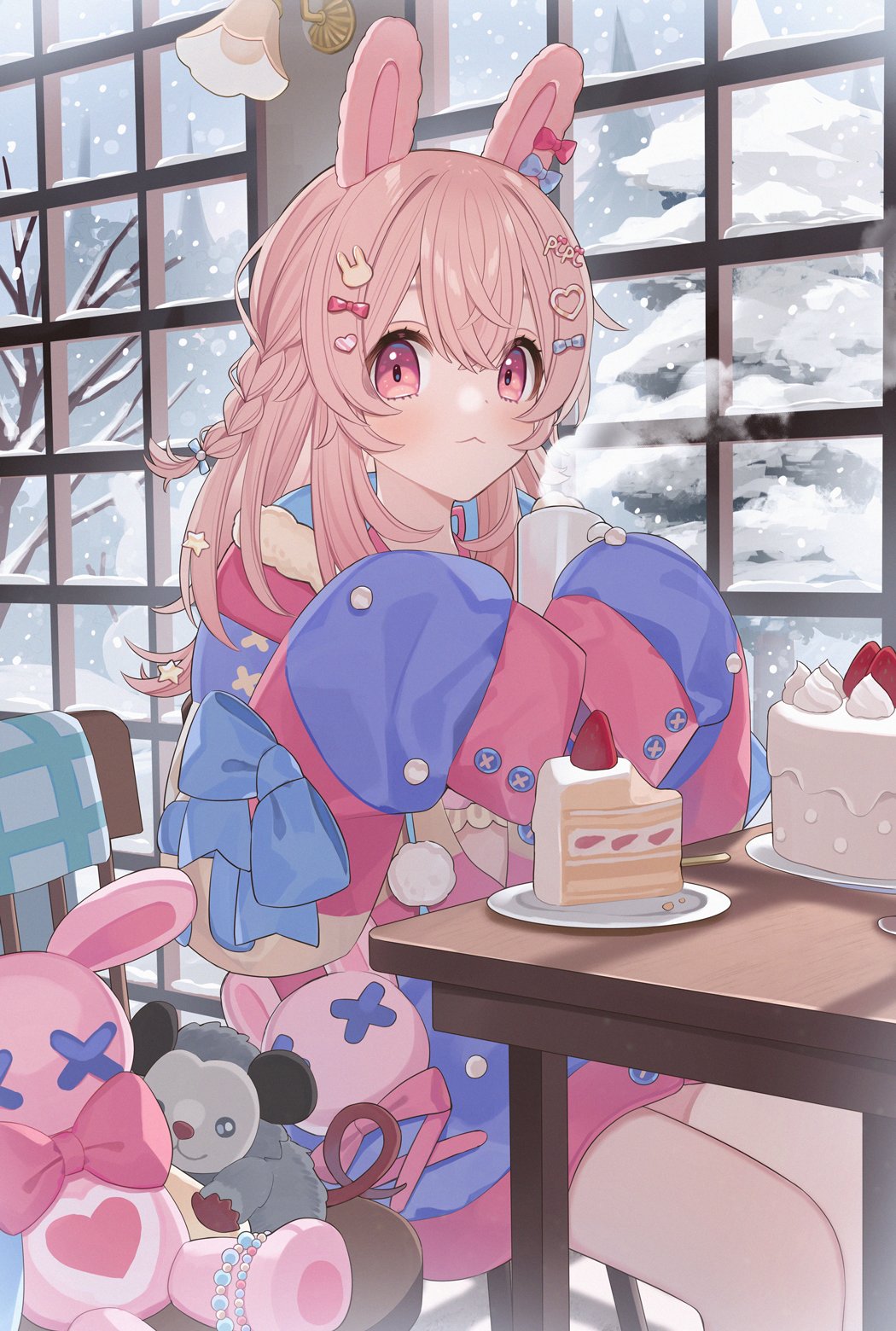 1girl :&lt; animal_ears bow braid cake chiri_(ch!) closed_mouth commission cup english_commentary food fruit hair_bow hair_ornament heart heart_hair_ornament highres holding holding_cup indoors looking_at_viewer mug pajamas phase_connect pink_eyes pink_hair pipkin_pippa pipkin_pippa_(1st_costume) rabbit_ears rabbit_girl second-party_source sitting sleeves_past_fingers sleeves_past_wrists snow snowing solo star_(symbol) star_hair_ornament steam strawberry strawberry_shortcake stuffed_animal stuffed_toy virtual_youtuber window winter