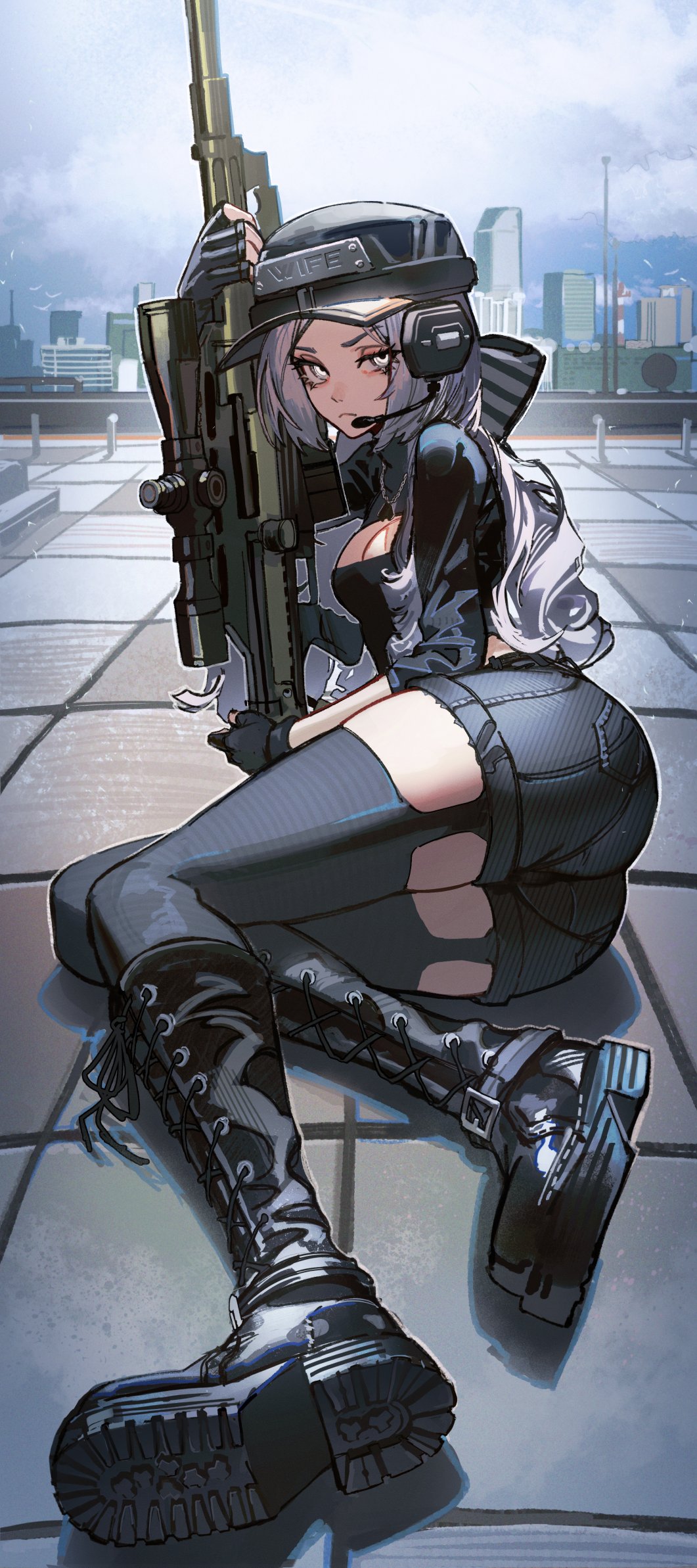 1girl ass black_footwear black_gloves black_shorts black_thighhighs boots breasts cleavage cleavage_cutout clothing_cutout cloud commission cross-laced_footwear dethmaid english_commentary eyelashes fingerless_gloves garter_straps gloves grey_hair gun hat headphones headset highres holding holding_gun holding_weapon jewelry knee_boots leather leather_boots long_hair long_sleeves looking_at_viewer medium_breasts necklace original outdoors shorts sitting sky solo thighhighs weapon white_eyes