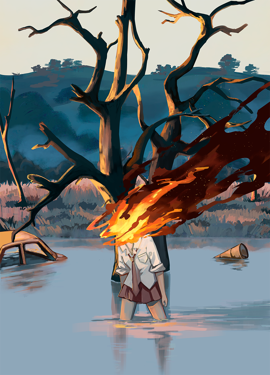 1girl arms_at_sides azuzatori bare_tree car collared_shirt commentary_request day drum_(container) embers facing_viewer fire flaming_head highres leaning_forward loose_necktie motor_vehicle mountainous_horizon necktie original outdoors partially_immersed pleated_skirt pond red_necktie red_skirt shirt skirt sleeves_rolled_up smoke solo tree wading white_shirt wide_shot