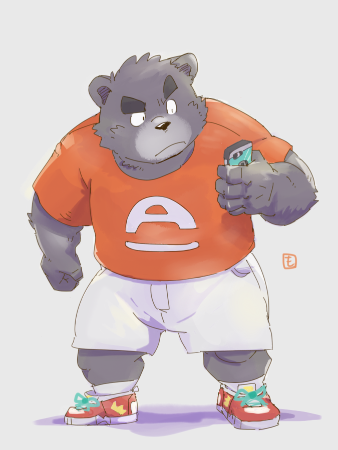 2023 anthro bear bent_arm black_body bottomwear cellphone clothing electronics humanoid_hands kemono male mammal mosomoso_den phone shirt shorts simple_background slightly_chubby smartphone solo topwear