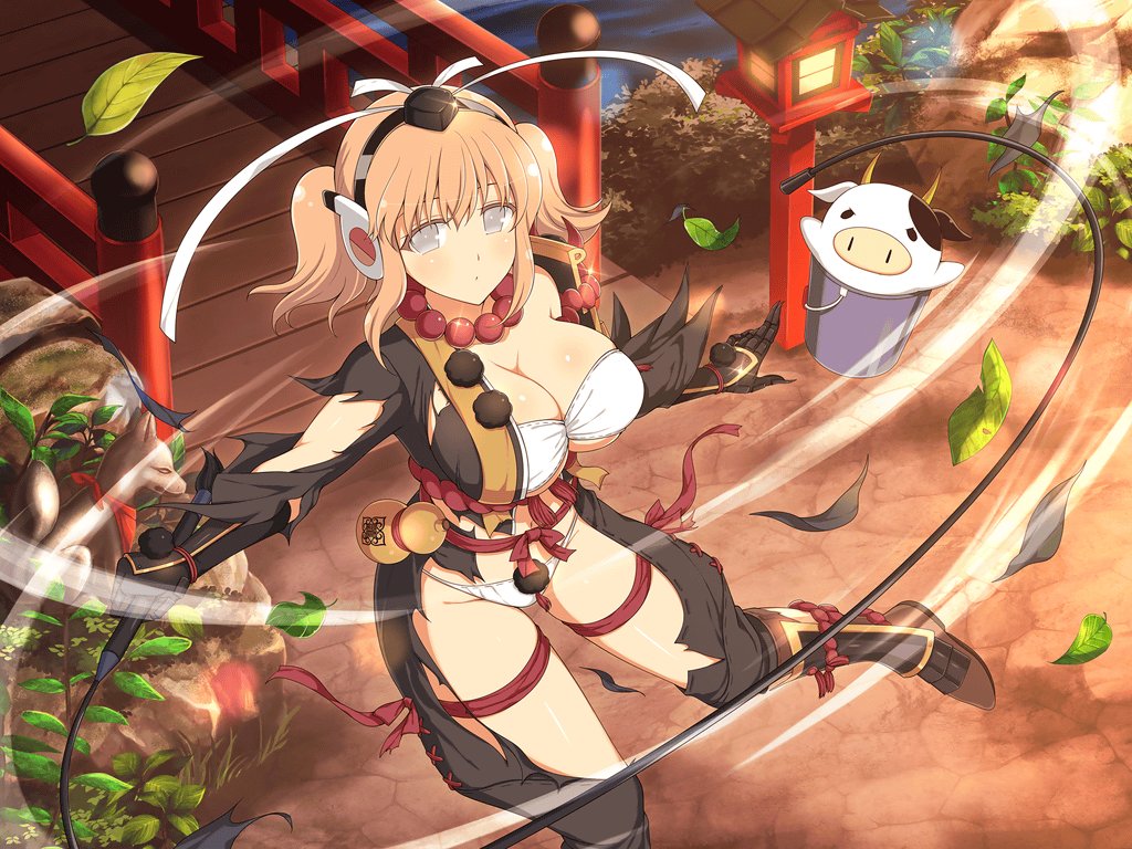 1girl :o animal animal_ears architecture armor bead_necklace beads blush bra breasts brown_footwear bucket bush chinese_zodiac cleavage cow cow_ears cow_horns east_asian_architecture falling_leaves fox_statue gourd grey_eyes groin hat headphones holding holding_weapon holding_whip horns japanese_armor japanese_clothes jewelry kote kurokote lantern large_breasts leaf looking_at_viewer motion_lines navel necklace official_alternate_costume official_art orange_hair panties plant pom_pom_(clothes) prayer_beads ribbon ribbon-trimmed_bra ribbon-trimmed_panties river rock rope senran_kagura senran_kagura_new_link senran_kagura_new_wave shiny_skin short_hair short_twintails solo sparkle standing standing_on_one_leg statue suneate thigh_strap tohno_tengu_shinobi_group_uniform tokin_hat torn_clothes twintails underwear ushimaru_(senran_kagura) ushiwakamaru_(senran_kagura) water weapon whip white_bra white_panties wooden_bridge wooden_lantern yaegashi_nan year_of_the_ox