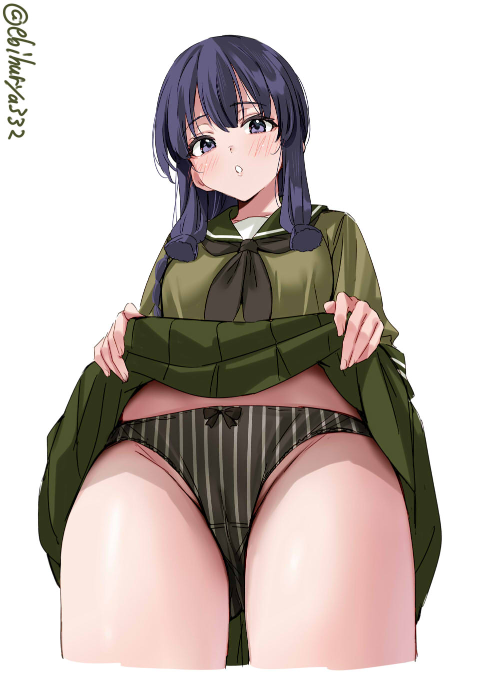 1girl black_neckerchief black_panties blush breasts cameltoe clothes_lift cropped_legs ebifurya green_sailor_collar green_shirt green_skirt grey_panties highres kantai_collection kitakami_(kancolle) lifted_by_self long_hair looking_at_viewer looking_down medium_breasts neckerchief one-hour_drawing_challenge panties parted_lips purple_eyes purple_hair sailor_collar shirt sidelocks simple_background skirt skirt_lift solo striped_clothes striped_panties thighs twitter_username two-tone_panties underwear vertical-striped_clothes vertical-striped_panties white_background