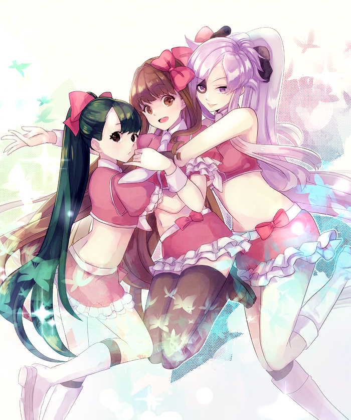 3girls amrta black_eyes black_thighhighs bow brown_eyes brown_hair bug butterfly crop_top eyelashes frilled_skirt frills green_hair hair_bow inga kaishou_rie long_hair looking_at_viewer multiple_girls navel necktie open_mouth parted_lips pink_bow pink_shirt pink_skirt puffy_short_sleeves puffy_sleeves purple_eyes purple_hair sasa_kazamori shirt short_sleeves skirt sleeveless sleeveless_shirt thighhighs un-go very_long_hair white_footwear white_necktie wrist_cuffs