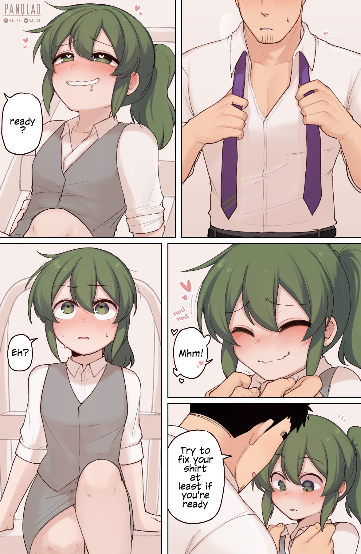 1boy 1girl arm_support artist_name black_hair blush breasts collarbone collared_shirt confused dressing_another drooling english_text green_eyes green_hair grey_vest heart heart_in_eye hetero highres igarashi_futaba_(shiromanta) medium_hair mouth_drool necktie no_legwear nose_blush notice_lines office_lady panqlao partially_unbuttoned ponytail purple_necktie right-to-left_comic salaryman senpai_ga_uzai_kouhai_no_hanashi shirt short_hair simple_background sitting size_difference small_breasts smile symbol_in_eye takeda_harumi_(shiromanta) undone_necktie vest wavy_hair white_shirt