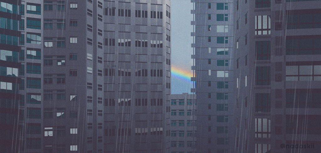 blue_sky building cityscape commentary english_commentary landscape morning nadaskii no_humans original rainbow sky skyscraper window