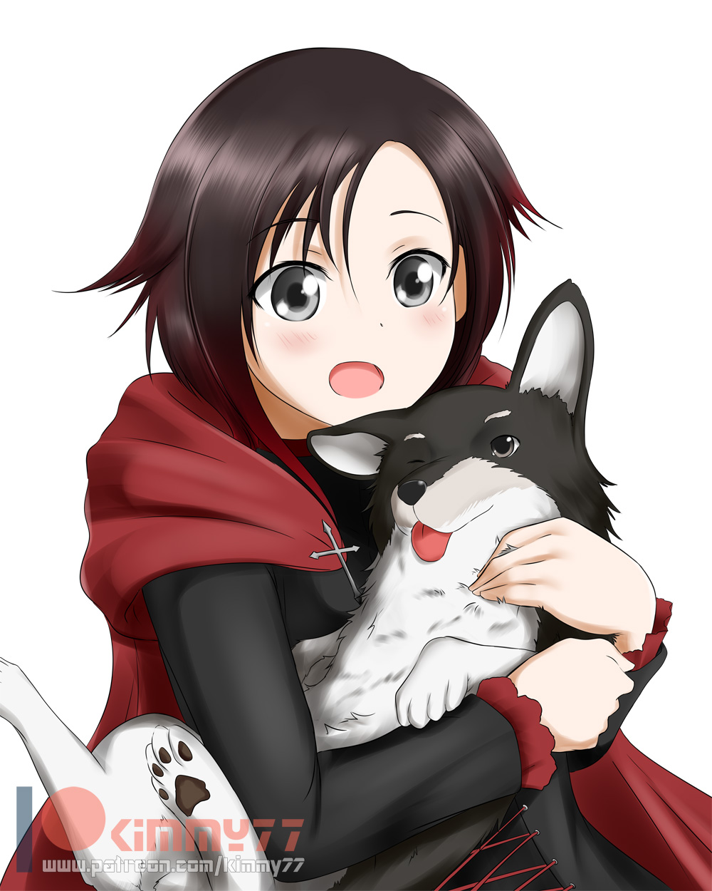 :o alfred_cullado animal_ears blush brown_hair cape corset dog dog_ears highres multicolored_hair one_eye_closed red_cape red_hair ruby_rose rwby short_hair silver_eyes solo upper_body welsh_corgi white_background zwei_(rwby)