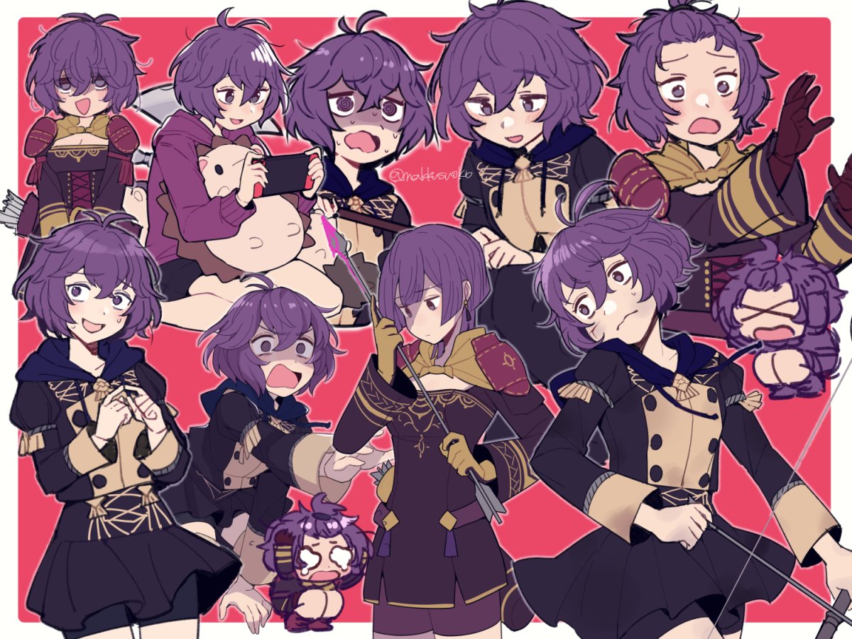 &gt;_&lt; @_@ ahoge arrow_(projectile) axe bernadetta_von_varley bow_(weapon) brown_gloves chibi contemporary do_m_kaeru finger_touching fire_emblem fire_emblem:_three_houses fire_emblem_warriors:_three_hopes garreg_mach_monastery_uniform gloves handheld_game_console holding holding_axe holding_bow_(weapon) holding_handheld_game_console holding_weapon hood hoodie messy_hair multiple_persona nintendo_switch open_mouth panicking partially_shaded_face quiver short_hair short_shorts shorts shorts_under_skirt stuffed_animal stuffed_toy sweatdrop tears topknot weapon yellow_gloves