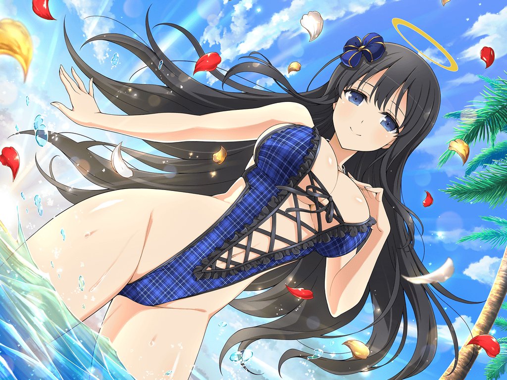 1girl bare_arms bare_shoulders black_hair blue_eyes blue_ribbon blue_sky bow bowtie breasts cleavage cloud cloudy_sky cross-laced_clothes falling_petals floating floating_object groin hair_ornament hair_ribbon halo hand_on_own_chest highleg highleg_swimsuit large_breasts linea_alba long_hair looking_at_viewer morning navel ocean official_alternate_costume official_art one-piece_swimsuit page_number palm_leaf palm_tree partially_submerged petals plant ribbon ryouki_(senran_kagura) senran_kagura senran_kagura_new_link shiny_skin sky slingshot_swimsuit smile solo sun sunlight swimsuit thighs tree water water_drop wet yaegashi_nan