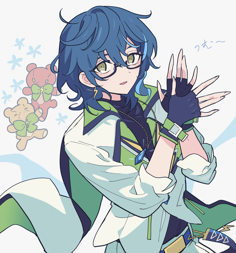 1boy aoba_tsumugi black_gloves black_shirt blue_hair cowboy_shot earrings ensemble_stars! fingerless_gloves glasses gloves green_eyes hair_between_eyes hands_up jacket jewelry long_sleeves looking_at_viewer male_focus meremero necklace open_mouth own_hands_together shirt short_hair smile solo stuffed_animal stuffed_toy teddy_bear white_jacket