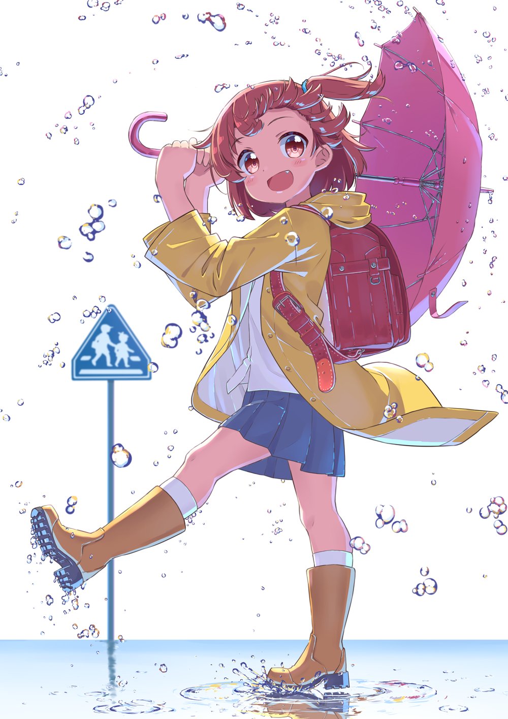 1girl backpack bag blue_skirt blush boots brown_hair buttons changaa colored_shoe_soles commentary fang floating_hair highres holding holding_umbrella hood hooded_jacket hoshino_hinata jacket looking_at_viewer one_side_up open_mouth pink_umbrella pleated_skirt randoseru red_bag red_eyes rubber_boots shirt short_hair sign simple_background skirt smile socks solo splashing standing standing_on_liquid umbrella watashi_ni_tenshi_ga_maiorita! water_drop white_background white_shirt white_socks yellow_footwear yellow_raincoat