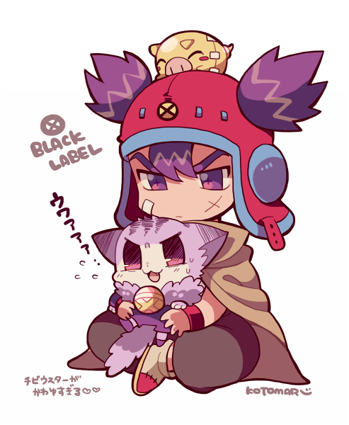 1boy animal bandage_on_face bandages black_pants boar cape cat chibi croket croket! full_body grey_cape holding holding_animal kotorai male_focus pants purple_cat purple_eyes purple_hair red_headwear red_wristband scar scar_on_cheek scar_on_face simple_background sitting solo translation_request twintails white_background worcester_(croket!)