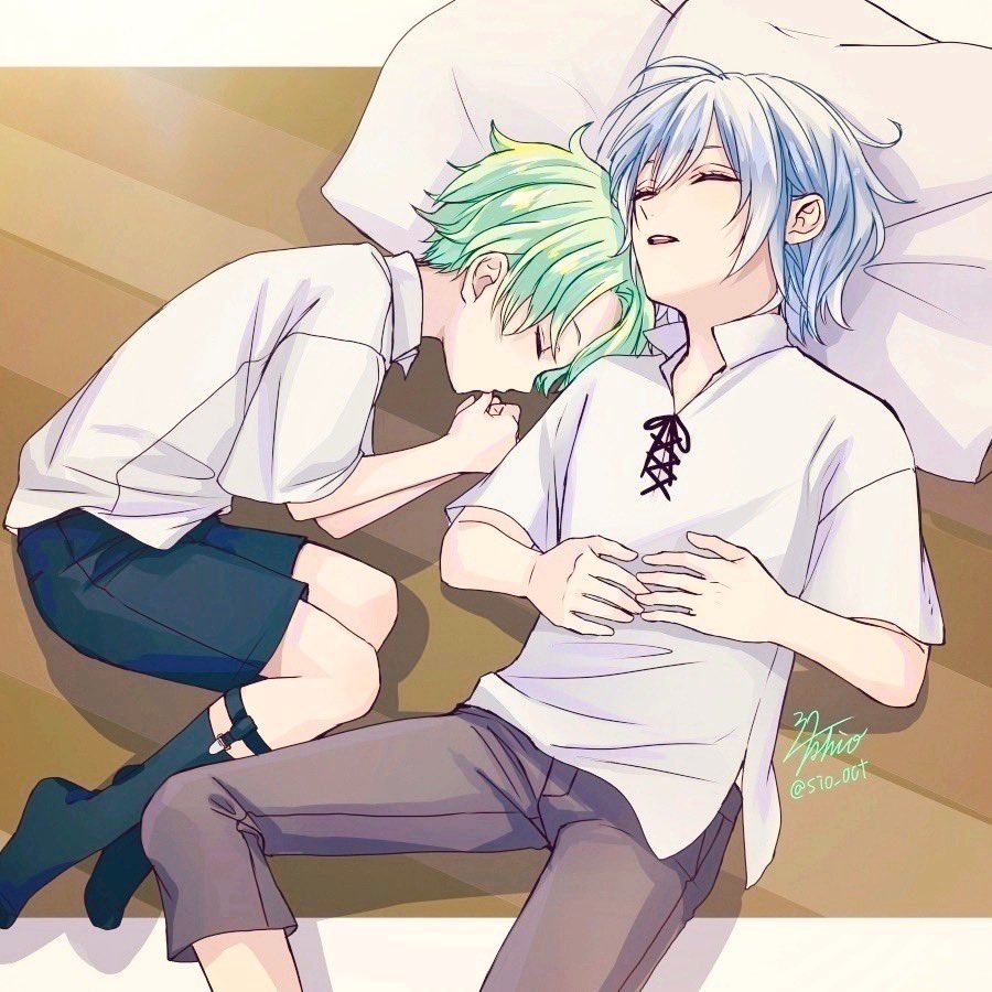 2boys aged_down black_shorts black_socks brown_pants closed_eyes commentary_request feet_out_of_frame fetal_position full_body green_hair grey_hair hands_on_own_chest letterboxed male_focus multiple_boys no_shoes okurabaakaa pants parted_lips pillow sebek_zigvolt shirt shorts signature silver_(twisted_wonderland) sleeping socks twisted_wonderland twitter_username white_shirt wooden_floor