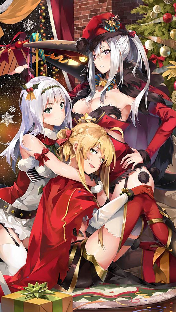 3girls ahoge arseille_(iron_saga) bare_shoulders blonde_hair blush breasts cape christmas_present christmas_tree cleavage detached_sleeves gift gloves green_eyes hair_between_eyes hair_ornament hat hug hug_from_behind indoors iron_saga linda_(iron_saga) long_hair multiple_girls official_art purple_eyes rhea_(iron_saga) santa_hat smile thighhighs third-party_source white_hair