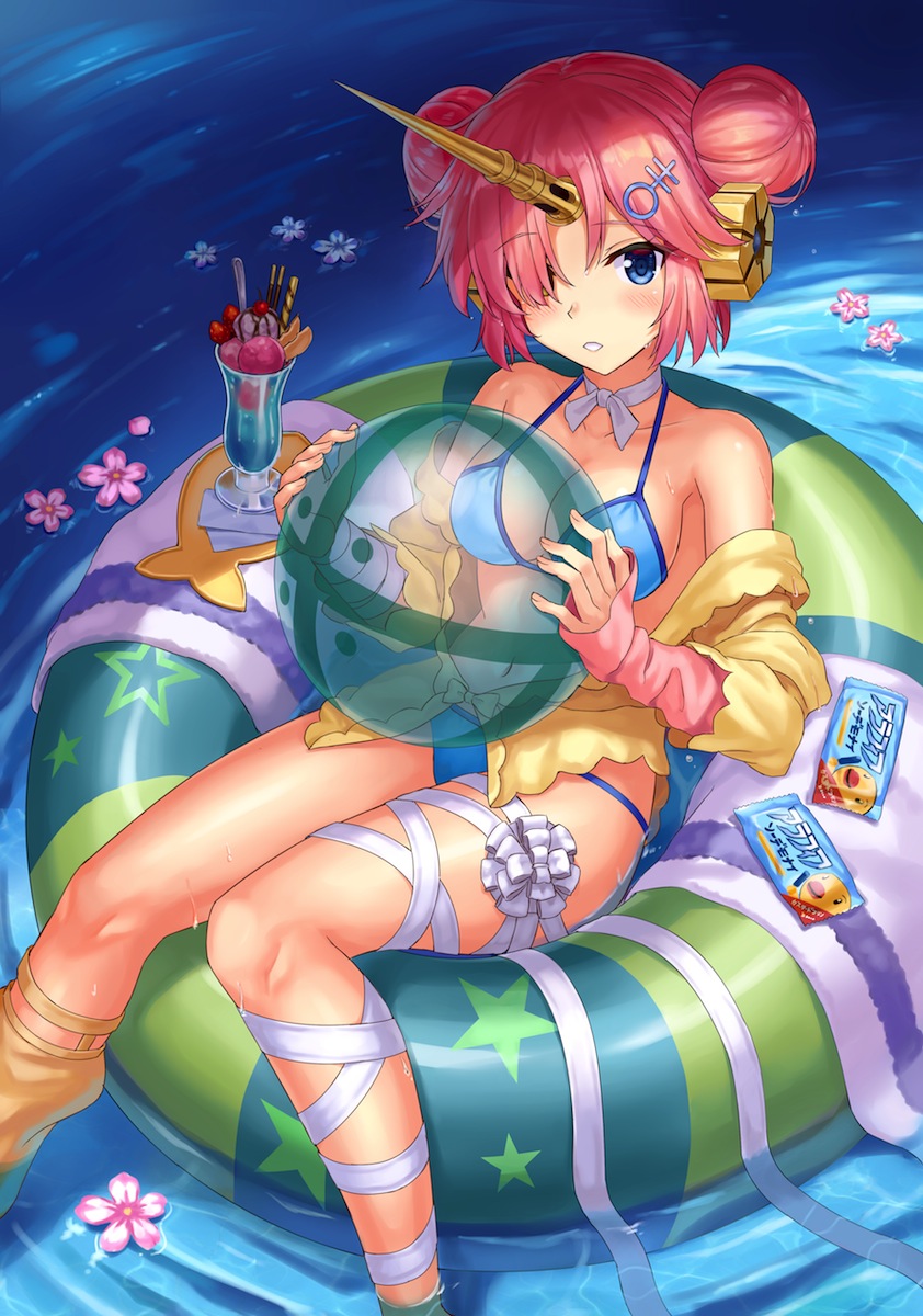 ball bandaged_leg bandages bangs bare_shoulders beachball bikini blue_bikini blush breasts cleavage collarbone commentary_request day double_bun eyebrows_visible_through_hair fate/grand_order fate_(series) feet_out_of_frame fingernails flower flower_on_liquid food frankenstein's_monster_(fate) frankenstein's_monster_(swimsuit_saber)_(fate) hair_ornament hair_over_one_eye hands_up highres holding holding_ball horn ice_cream innertube jacket long_sleeves looking_at_viewer medium_breasts navel npcpepper off_shoulder outdoors parfait parted_lips pink_flower pink_hair pocky side_bun sitting sleeves_past_wrists soaking_feet solo spoon swimsuit towel transparent wafer_stick water yellow_jacket