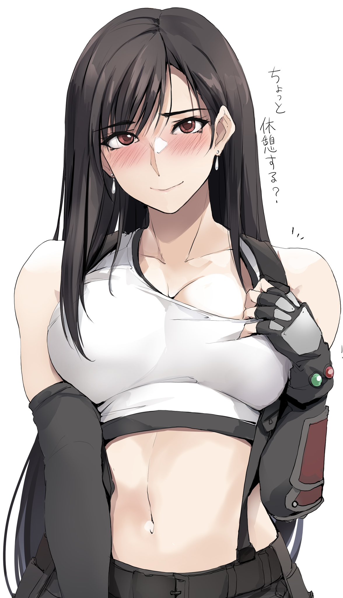 1girl black_hair black_skirt blush breasts closed_mouth clothes_pull commentary_request crop_top dangle_earrings earrings elbow_gloves elbow_pads final_fantasy final_fantasy_vii final_fantasy_vii_remake fingerless_gloves gloves hair_between_eyes highres jewelry large_breasts long_hair looking_at_viewer midriff navel red_eyes shirt_pull single_elbow_pad skirt smile solo suspender_skirt suspenders tank_top teardrop_earrings tifa_lockhart translation_request white_background white_tank_top zekkyon