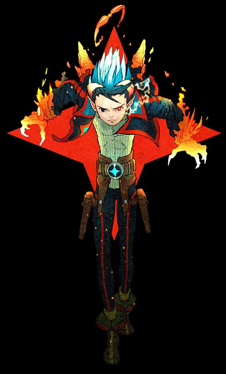 1boy belt blue_eyes blue_hair blue_jacket blue_pants boots breath_of_fire breath_of_fire_v covered_abs dragon_horns facial_mark heterochromia highres horns jacket male_focus open_clothes open_jacket pants pointy_ears pouch red_eyes ryuu_(breath_of_fire_v) short_hair simple_background solo star_(symbol) transformation wings yoshikawa_tatsuya