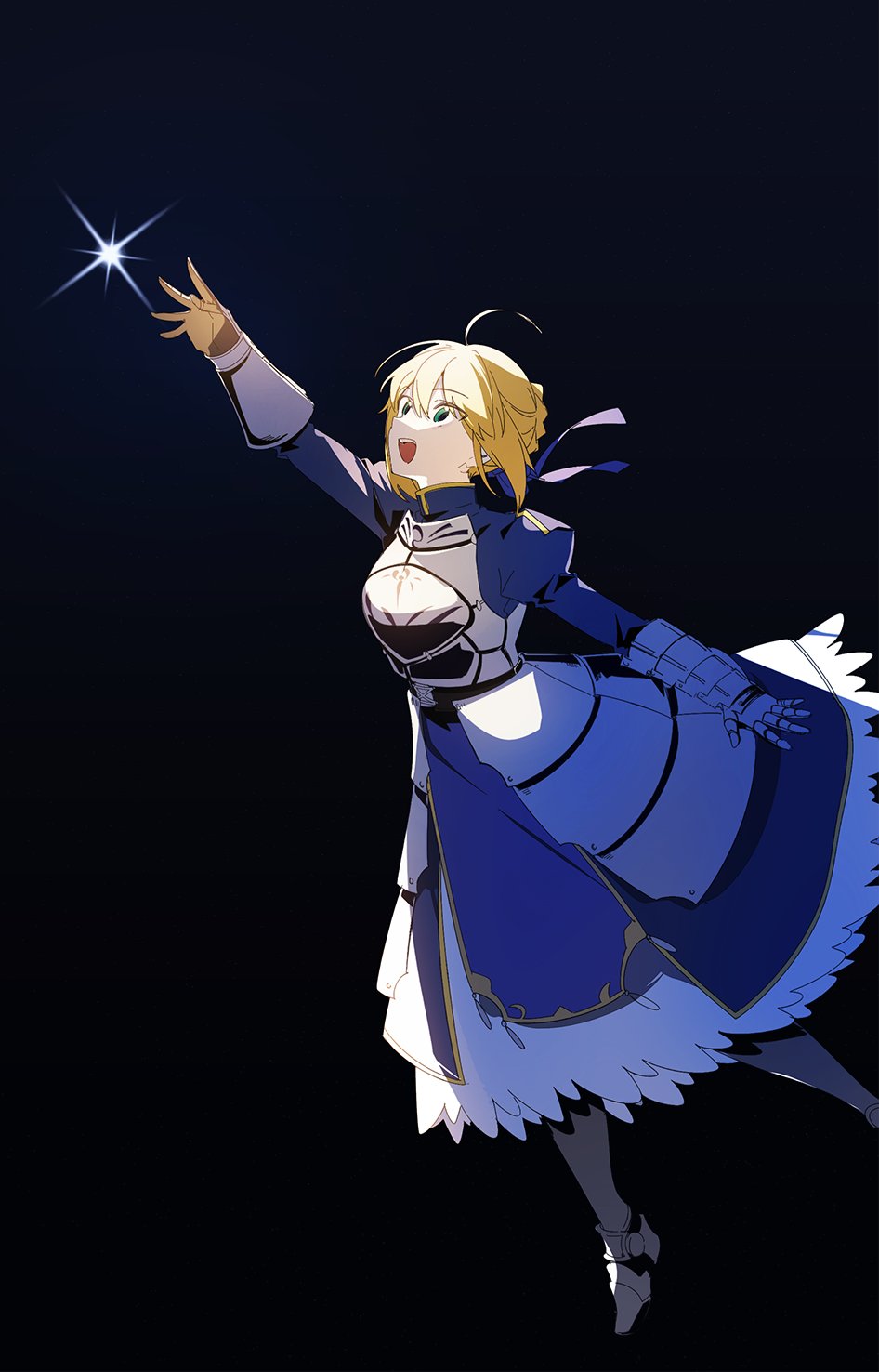 1girl agata720 ahoge arm_up armor armored_dress artoria_pendragon_(fate) black_background blonde_hair blue_dress blue_ribbon braid breastplate dress fate/grand_order fate/stay_night fate_(series) french_braid gauntlets green_eyes hair_ribbon highres juliet_sleeves long_sleeves open_mouth plackart puffy_sleeves reaching ribbon saber_(fate) short_hair sidelocks simple_background smile solo teeth upper_teeth_only