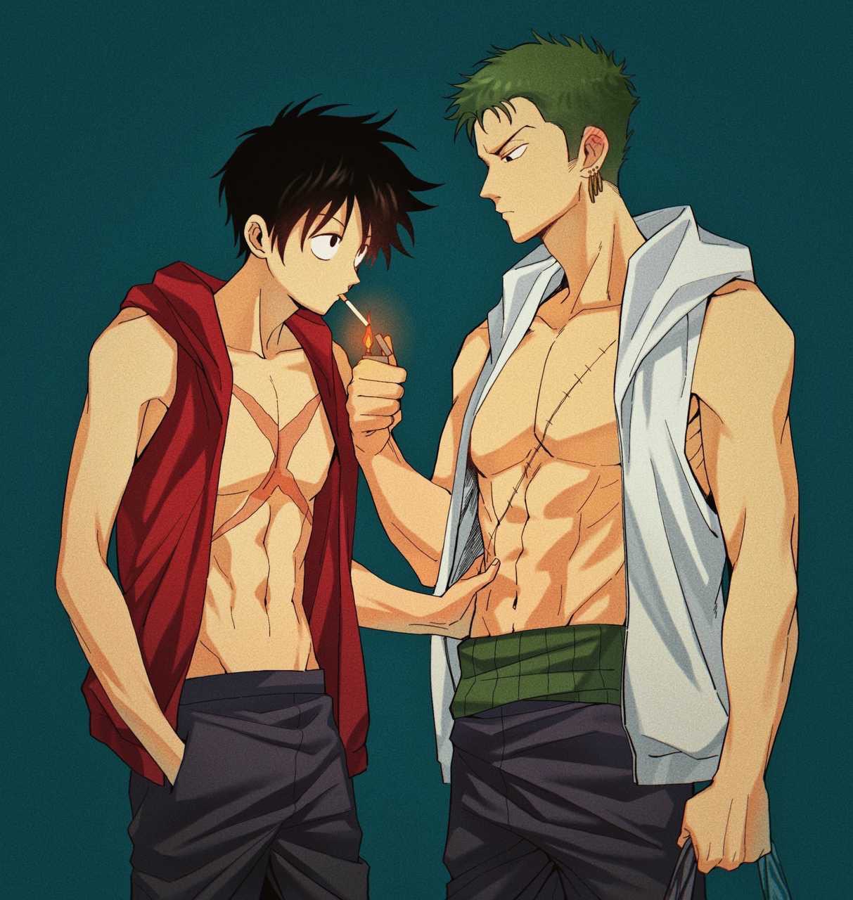 2boys abs aqua_background black_eyes black_hair cigarette cowboy_shot earrings green_hair hand_in_pocket hand_on_another's_waist haramaki highres holding holding_lighter implied_yaoi jacket jewelry leyuan lighter lighting_cigarette looking_at_another male_focus monkey_d._luffy mouth_hold multiple_boys navel one_eye_closed one_piece open_clothes open_jacket roronoa_zoro scar scar_across_eye scar_on_cheek scar_on_chest scar_on_face short_hair sideburns simple_background single_earring sleeveless sleeveless_jacket