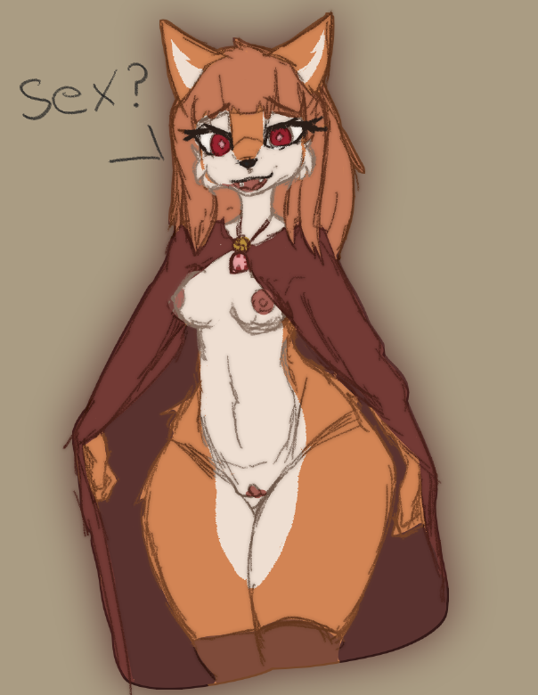anthro areola breasts brown_hair canid canine canis cloak cloak_only clothing dialogue digital_media_(artwork) female fur genitals hair holo_(spice_and_wolf) inviting long_hair looking_at_viewer mammal nipples nude presenting pussy red_eyes simple_background solo spice_and_wolf sprrigs- tail text thick_thighs wide_hips wolf