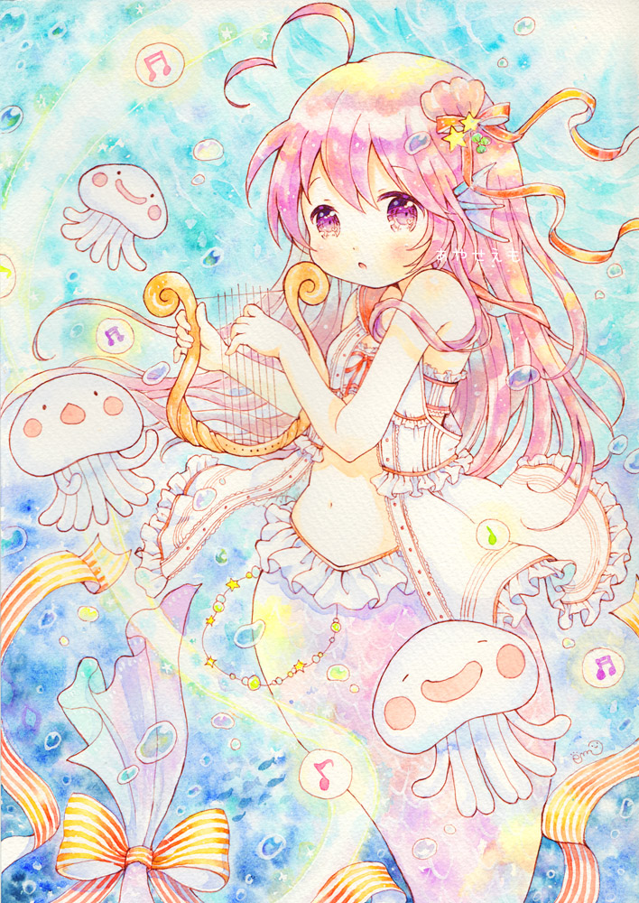 1girl :o air_bubble beamed_sixteenth_notes bubble eighth_note emo_(mikan) fins hair_ribbon head_fins holding holding_instrument instrument jellyfish long_hair looking_at_viewer mermaid monster_girl musical_note navel original painting_(medium) pink_hair purple_eyes ribbon shell_hair_ornament solo traditional_media underwater watercolor_(medium)