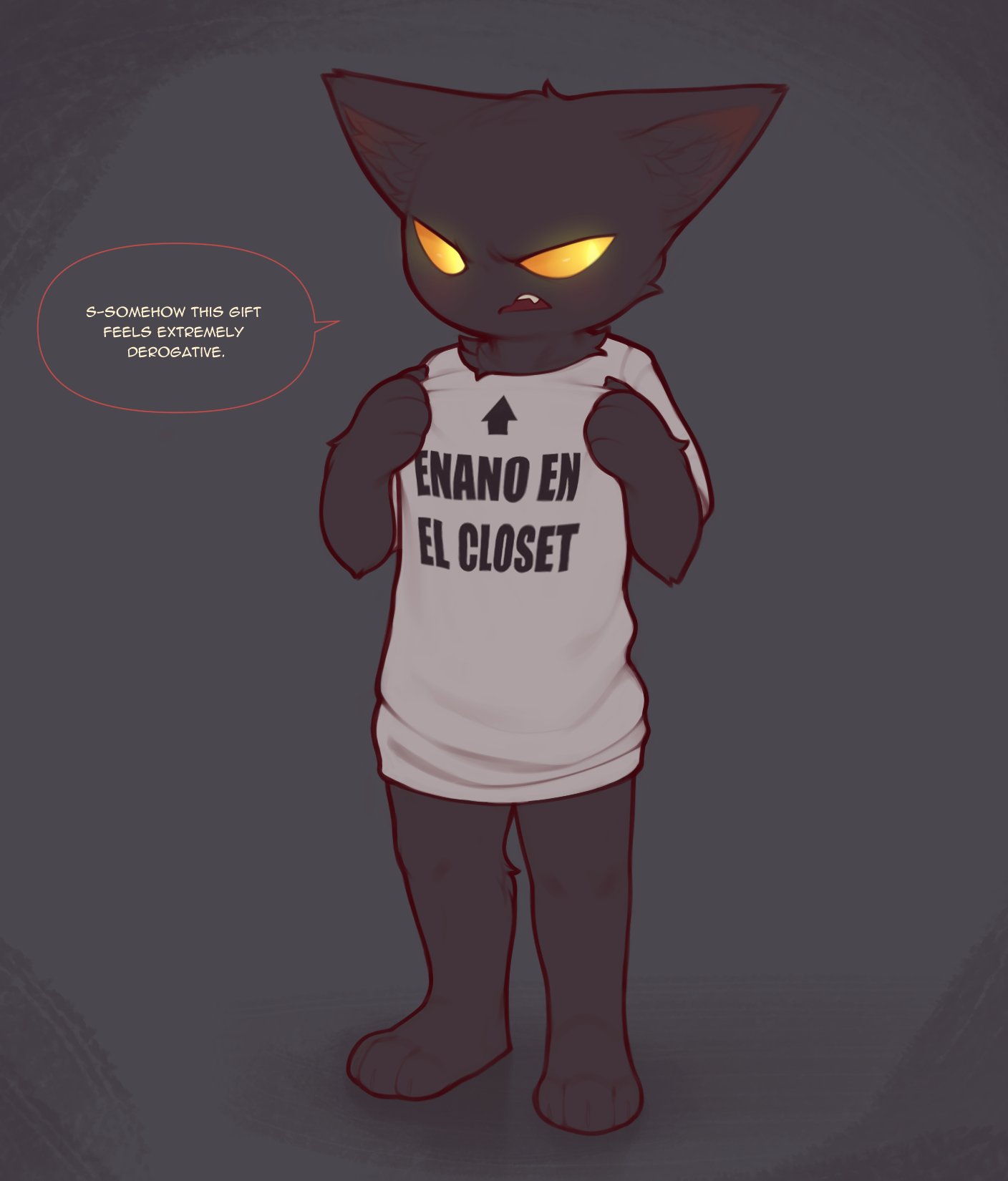 anthro biped black_body black_fur bottomless clothed clothing dialogue fur hi_res k1ko league_of_legends male riot_games solo speech_bubble veigar yellow_eyes yordle