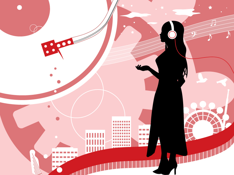 1girl betete bird cityscape dress from_side full_body headphones high_heels megurine_luka musical_note nail_polish pink_background record silhouette solo star_(symbol) vocaloid