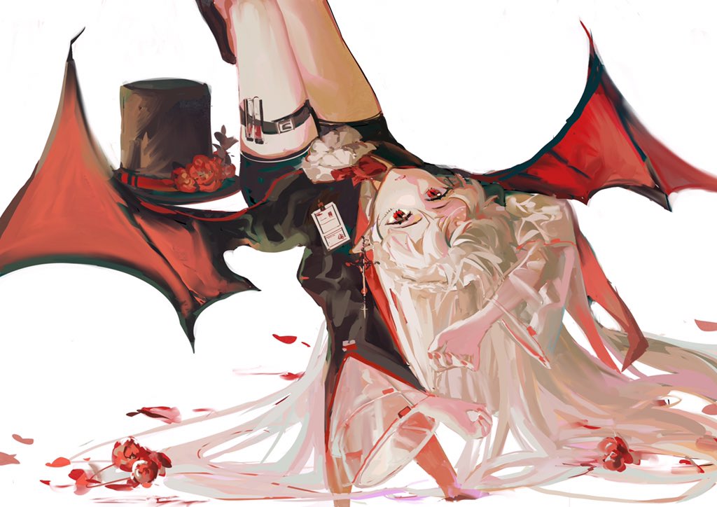 1girl arknights ascot bat_wings belt belt_buckle black_belt black_headwear black_shirt black_shorts black_sleeves blood bow bowtie buckle closed_mouth cowboy_shot flower frilled_sleeves frills frown hair_spread_out hat hat_flower lobelia_(saclia) long_hair long_sleeves looking_at_viewer lying nail_polish name_tag official_alternate_costume on_back outstretched_legs petals pointy_ears red_bow red_bowtie red_eyes red_flower red_nails red_rose red_wings rose rose_petals shirt short_shorts shorts simple_background solo thigh_belt thigh_strap top_hat unworn_hat unworn_headwear upside-down vial warfarin_(arknights) warfarin_(the_feast)_(arknights) white_ascot white_background white_hair wide_sleeves wings