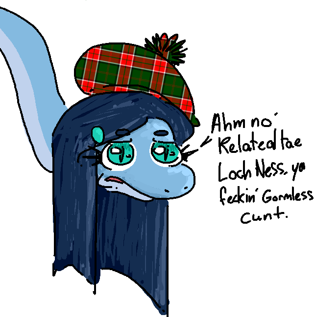 alpha_channel ambiguous_form blue_body blue_eyes blue_hair blue_scales clothing colored english_text faustanon female frown hair hat headgear headwear loch_ness_monster long_neck nessie_(snoot_game) pupils reptile scales scalie scottish simple_background slit_pupils snoot_game solo talking_to_viewer tam_o'_shanter text transparent_background