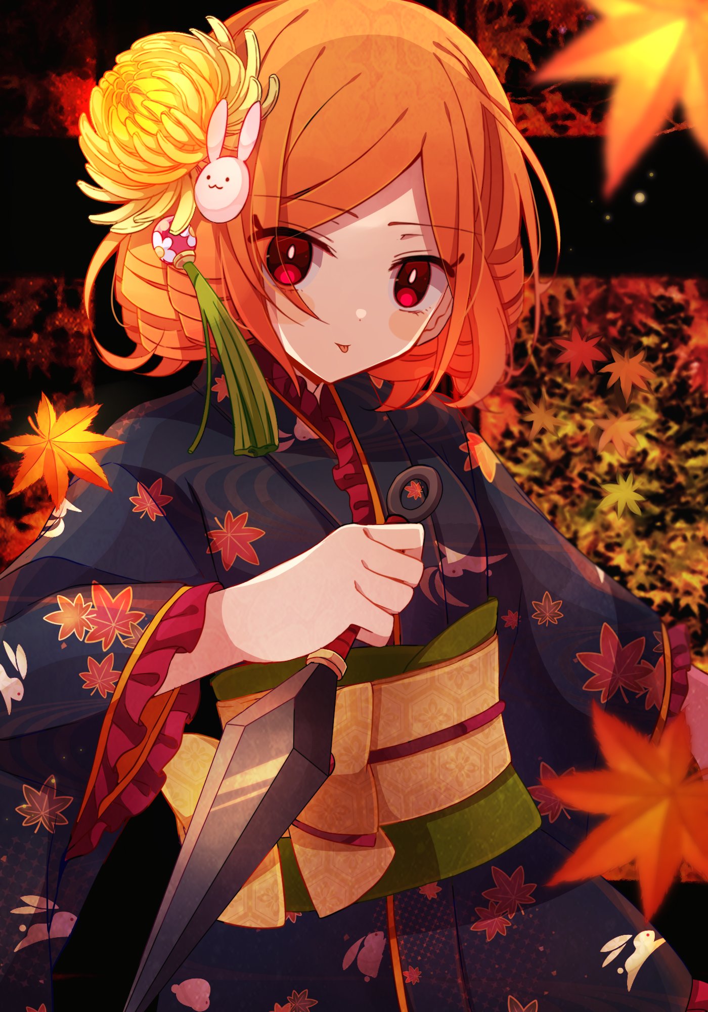 1girl :p autumn autumn_leaves black_kimono bluestar_iz blush_stickers bow bright_pupils charlotte_(witch's_heart) flower hair_flower hair_ornament highres holding holding_weapon japanese_clothes kimono kunai leaf looking_at_viewer official_art orange_hair print_kimono rabbit_hair_ornament red_eyes short_hair sidelocks solo swept_bangs tongue tongue_out weapon white_pupils witch's_heart yellow_bow yellow_flower