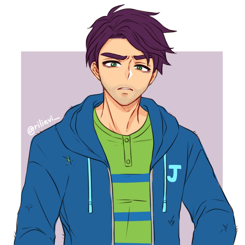 1boy bags_under_eyes beard_stubble blue_jacket blue_shirt facial_hair furrowed_brow green_eyes green_shirt hood hoodie jacket looking_at_viewer male_focus parted_lips purple_eyes rilievi_(riiv) shane_(stardew_valley) shirt solo sparse_stubble stardew_valley striped_clothes stubble thick_eyebrows twitter_username v-shaped_eyebrows