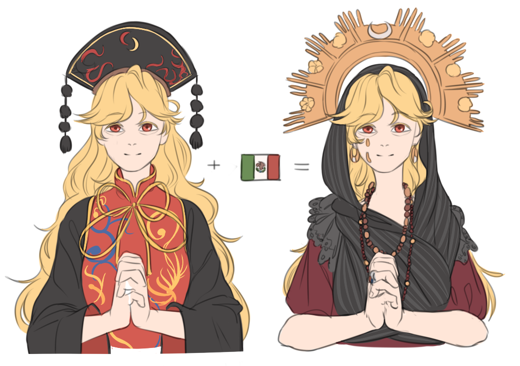 alternate_costume blonde_hair chinese_clothes commentary comparison crescent earrings equation eyebrows_visible_through_hair hands_clasped hat headdress jewelry junko_(touhou) long_hair long_sleeves looking_at_viewer mefomefo mexican_flag own_hands_together pom_pom_(clothes) red_eyes shawl short_sleeves simple_background smile solo tears touhou upper_body white_background wide_sleeves