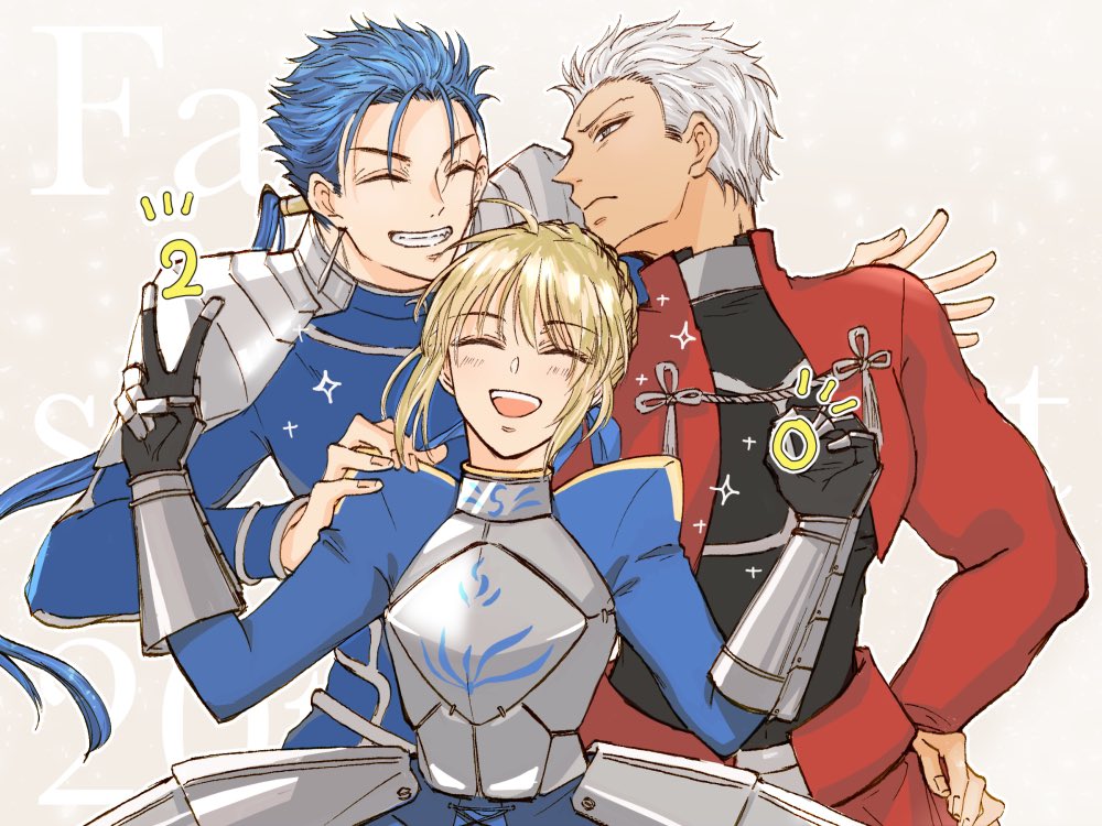 1girl 2boys :d ^_^ ahoge anniversary archer_(fate) armor armored_dress armored_gloves artoria_pendragon_(fate) blue_dress blue_hair blue_shirt boy_sandwich closed_eyes closed_mouth commentary_request copyright_name cu_chulainn_(fate) cu_chulainn_(fate/stay_night) dress facing_another facing_viewer fate/stay_night fate_(series) floating_hair frown grey_background grey_hair grin half-closed_eyes hand_on_another's_shoulder hand_on_own_hip hands_up juliet_sleeves long_hair long_sleeves looking_at_another low_ponytail medium_hair multiple_boys notice_lines open_clothes open_mouth open_shirt puffy_sleeves red_shirt saber_(fate) sandwiched shiomi_ac shirt short_hair simple_background smile sparkle spiked_hair teeth upper_body upper_teeth_only v v-shaped_eyebrows w_arms