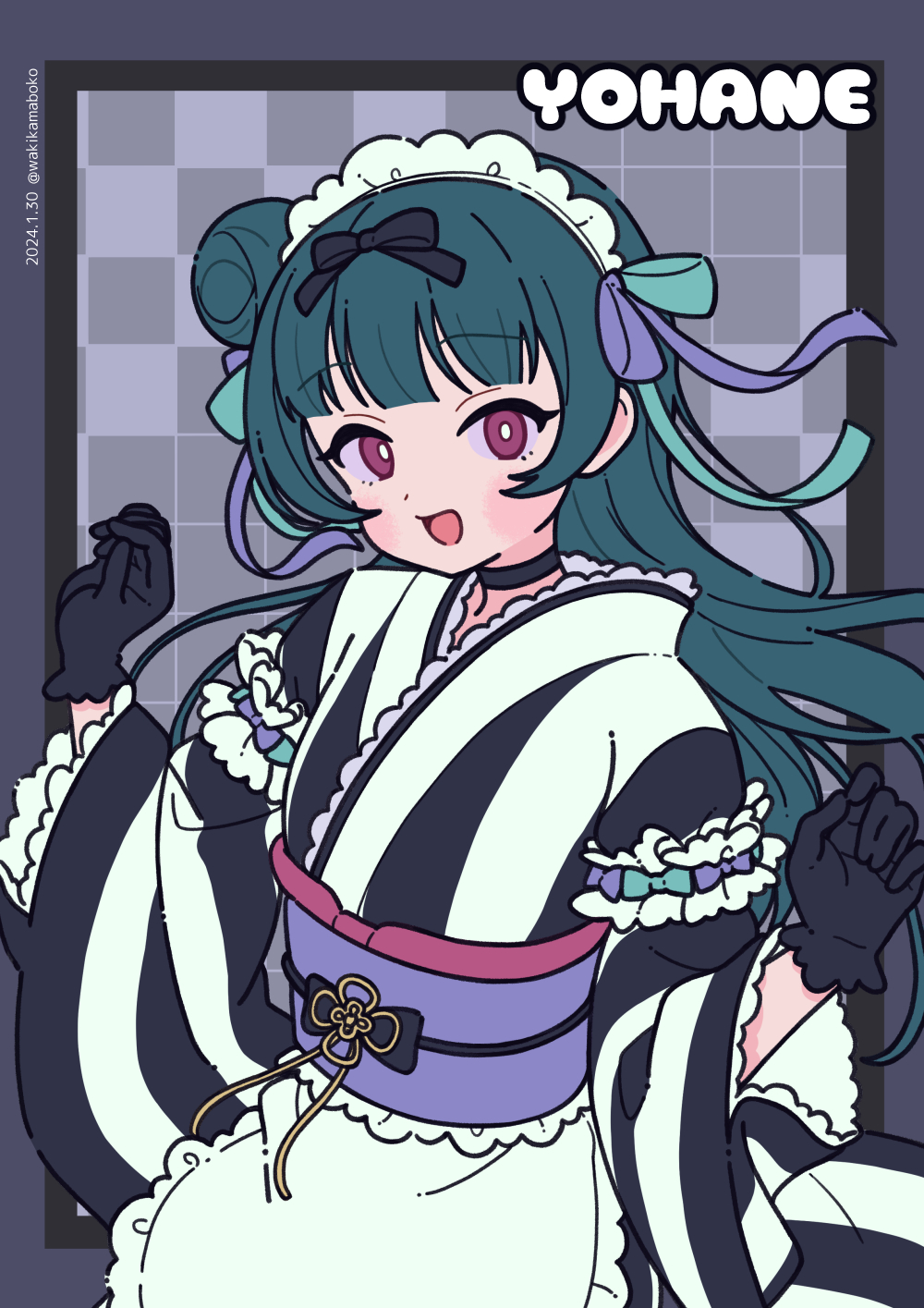 1girl :d apron black_gloves blue_hair commentary_request dated frilled_apron frills genjitsu_no_yohane gloves grid_background hands_up highres japanese_clothes kimono long_hair long_sleeves looking_at_viewer love_live! love_live!_sunshine!! neki_(wakiko) obi purple_eyes sash smile solo striped_clothes striped_kimono tsushima_yoshiko twitter_username vertical-striped_clothes vertical-striped_kimono very_long_hair waist_apron white_apron wide_sleeves