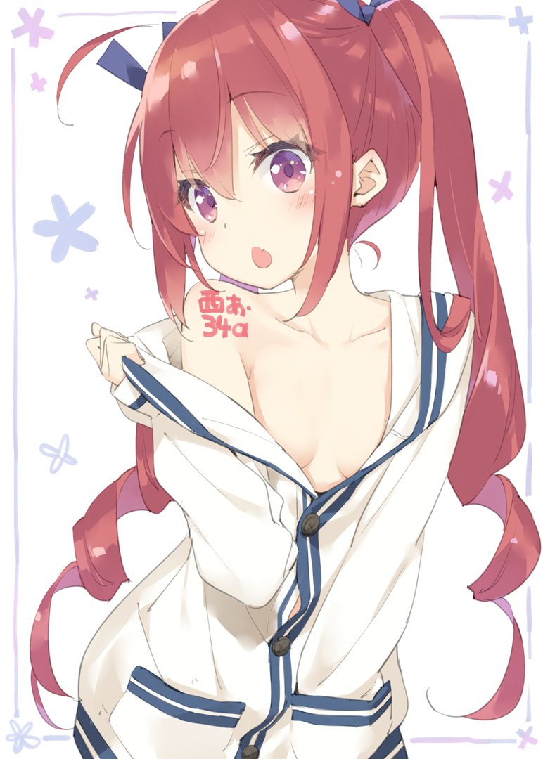 bangs bare_shoulders blue_ribbon blush body_writing breasts cardigan chestnut_mouth collarbone commentary_request eyebrows_visible_through_hair fang hair_between_eyes hair_ribbon hand_in_pocket hazuki_watora head_tilt long_hair long_sleeves looking_at_viewer no_bra off_shoulder open_mouth original peko purple_eyes red_hair ribbon shirt sidelocks sleeves_past_wrists small_breasts solo twintails undressing very_long_hair white_background white_cardigan white_shirt