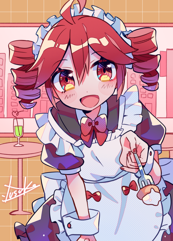 1girl ahoge apron artist_name back_bow black_dress blush bow dress drill_hair fork glass hair_between_eyes holding holding_fork kasane_teto looking_at_viewer maid maid_apron maid_headdress open_mouth orange_background pov red_bow red_eyes red_hair sidelocks signature smile solo table tile_background twin_drills utau white_bow window yuusuke-kun