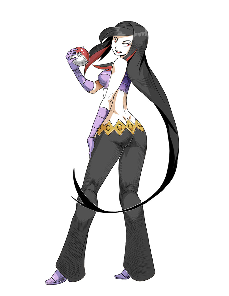 1girl ass bare_shoulders black_hair black_pants breasts crop_top elbow_gloves genzoman gloves holding holding_poke_ball large_breasts long_hair lucy_(pokemon) medium_breasts midriff multicolored_hair pants poke_ball poke_ball_(basic) pokemon pokemon_emerald pokemon_rse purple_gloves purple_shirt red_hair shirt sidelocks sleeveless sleeveless_shirt solo streaked_hair swept_bangs two-tone_hair very_long_hair
