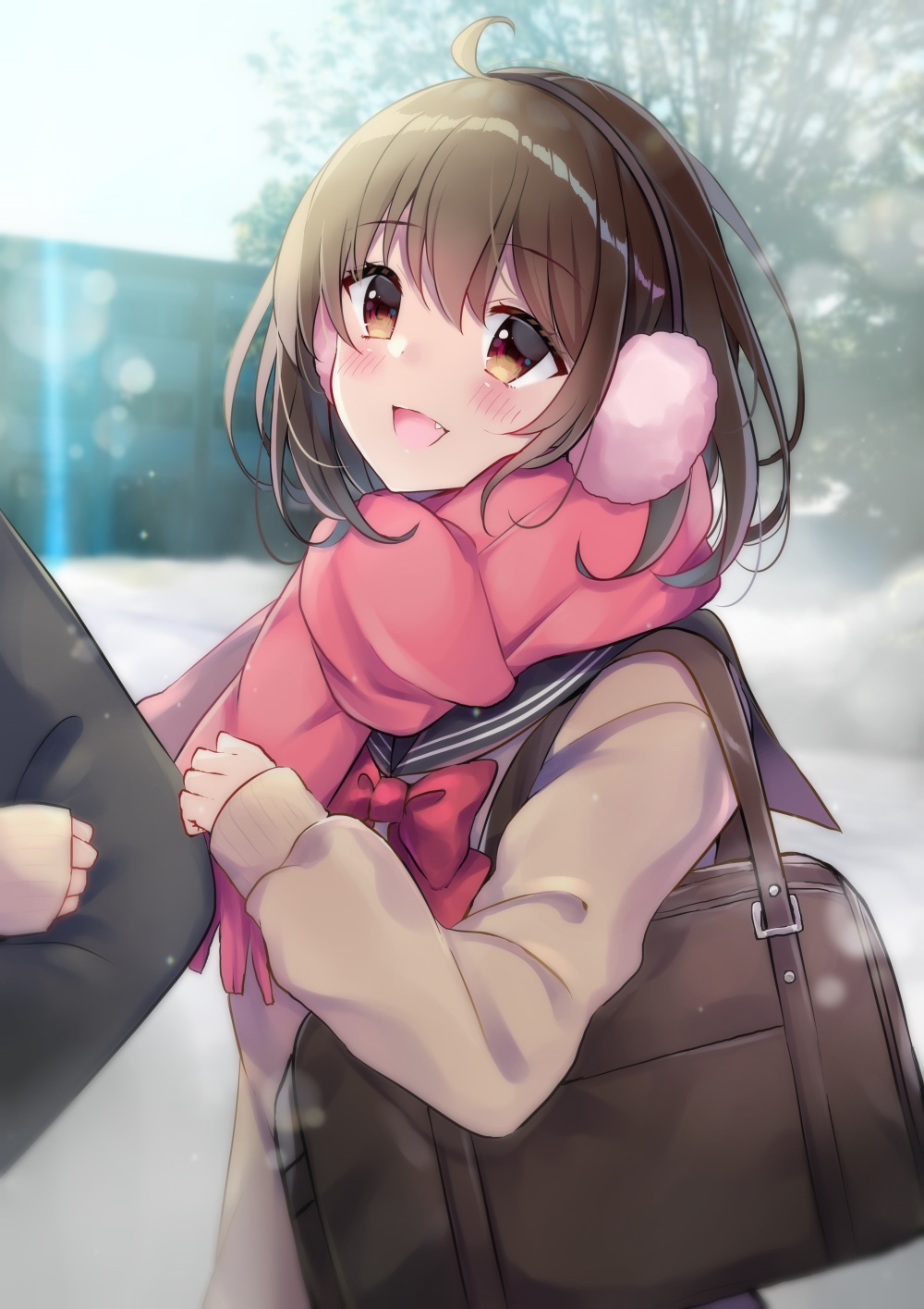 :d ahoge bag bangs black_sailor_collar blush bow bowtie brown_eyes brown_hair brown_sweater commentary_request day earmuffs eyebrows_visible_through_hair fang fringe_trim hair_between_eyes head_tilt highres lens_flare locked_arms long_sleeves minami_saki open_mouth original out_of_frame outdoors pink_scarf red_neckwear sailor_collar scarf school_uniform serafuku sleeves_past_wrists smile snow solo_focus sunlight sweater upper_body