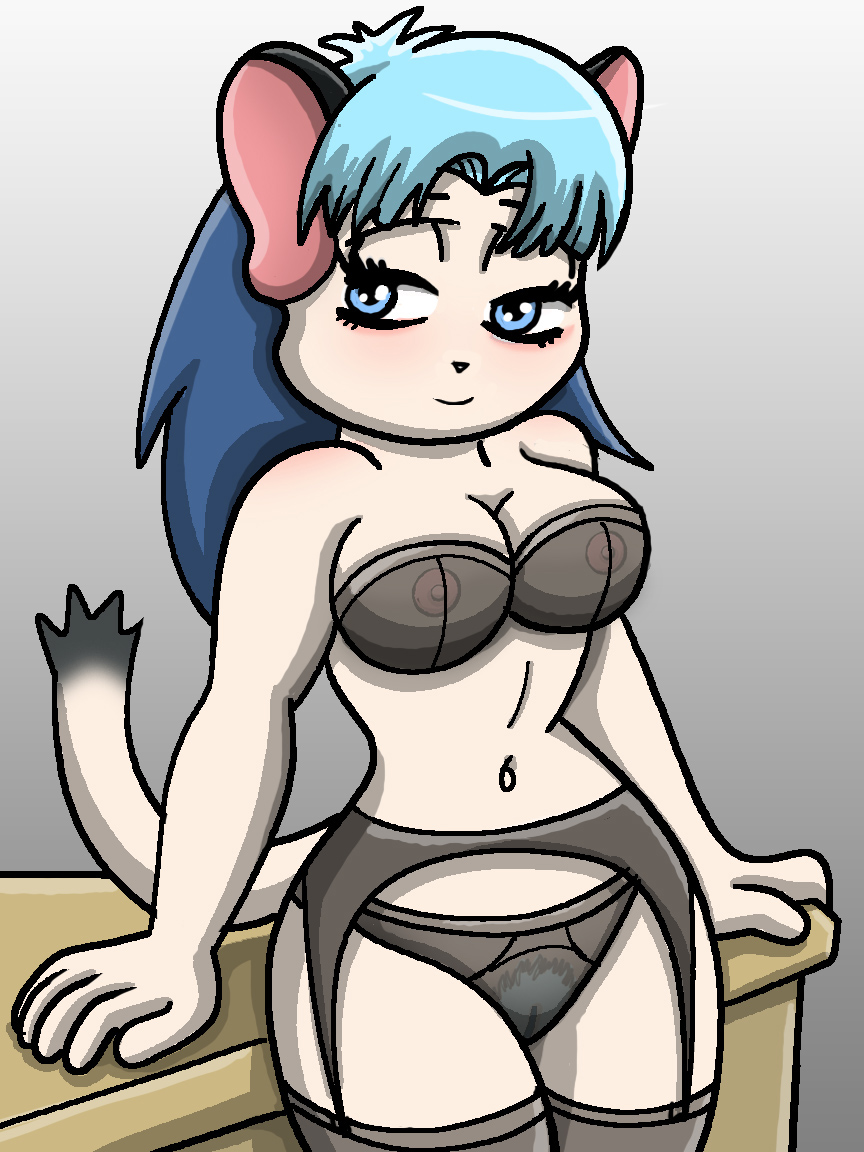 anthro bedroom_eyes blue_eyes blue_hair bra clothed clothing cyberconnect2 domestic_cat felid feline felis female garter_belt garter_straps hair legwear little_tail_bronx mammal narrowed_eyes navel nipples pale_fur panties pubes seductive shinragod solo stare_pris stockings tail_concerto translucent underwear underwear_only