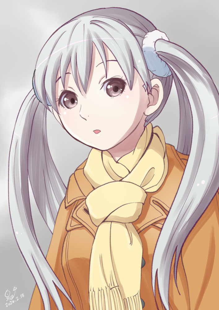 1girl artist_name brown_coat brown_eyes close-up coat commentary dated grey_background grey_hair hair_between_eyes huumoon long_hair looking_at_viewer monogatari_(series) oikura_sodachi one-hour_drawing_challenge owarimonogatari parted_lips portrait scarf scrunchie signature solo twintails upper_body white_scrunchie winter_clothes yellow_scarf