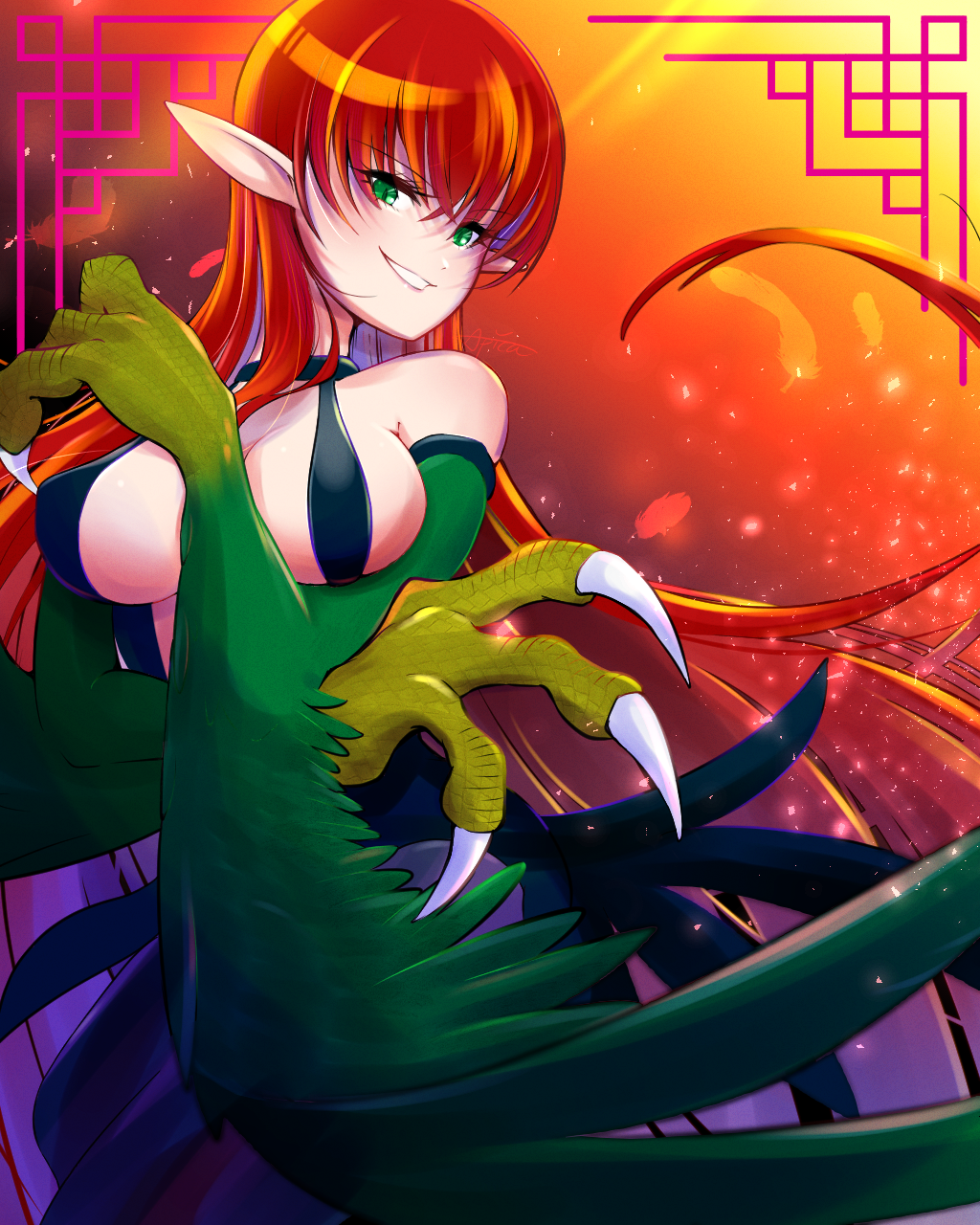 1girl animal_hands bare_shoulders breasts claws colour-disaster duel_monster feathered_wings feathers green_eyes green_feathers green_wings grin harpie_lady harpy highres large_breasts long_hair looking_at_viewer monster_girl orange_hair parted_lips pointy_ears smile solo very_long_hair winged_arms wings yu-gi-oh!