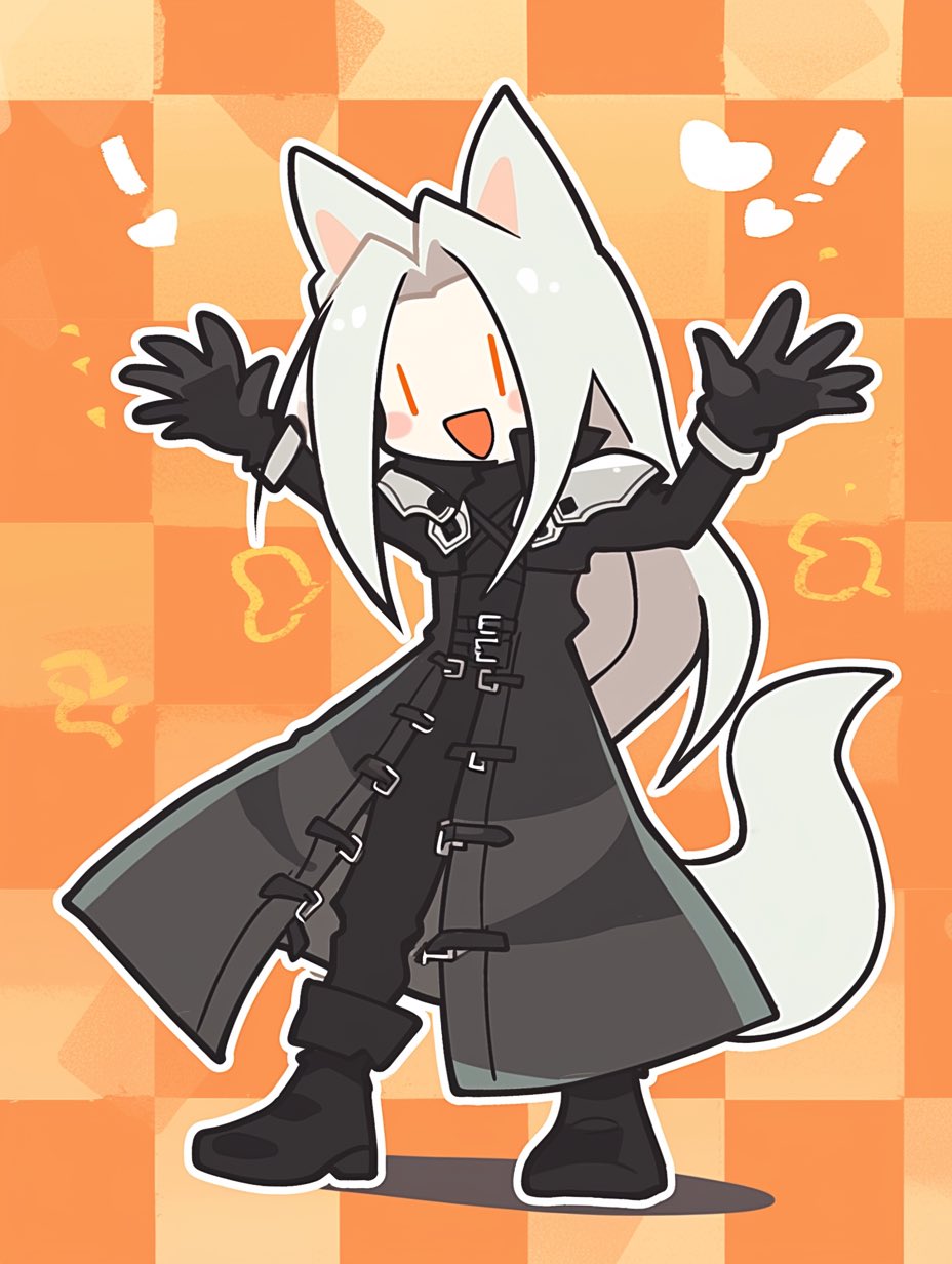 ! 1boy ai-generated animal_ears armor arms_up black_coat black_footwear black_gloves black_pants black_sweater blush_stickers boots checkered_background chest_strap chibi coat final_fantasy final_fantasy_vii fox_boy fox_ears fox_tail full_body gloves grey_hair happy heart highres long_bangs long_coat long_hair long_sleeves male_focus open_mouth orange_background pants parted_bangs pauldrons red_eyes sephiroth shoulder_armor smile solid_oval_eyes solo spoken_heart standing sweater tackun00912765 tail turtleneck turtleneck_sweater